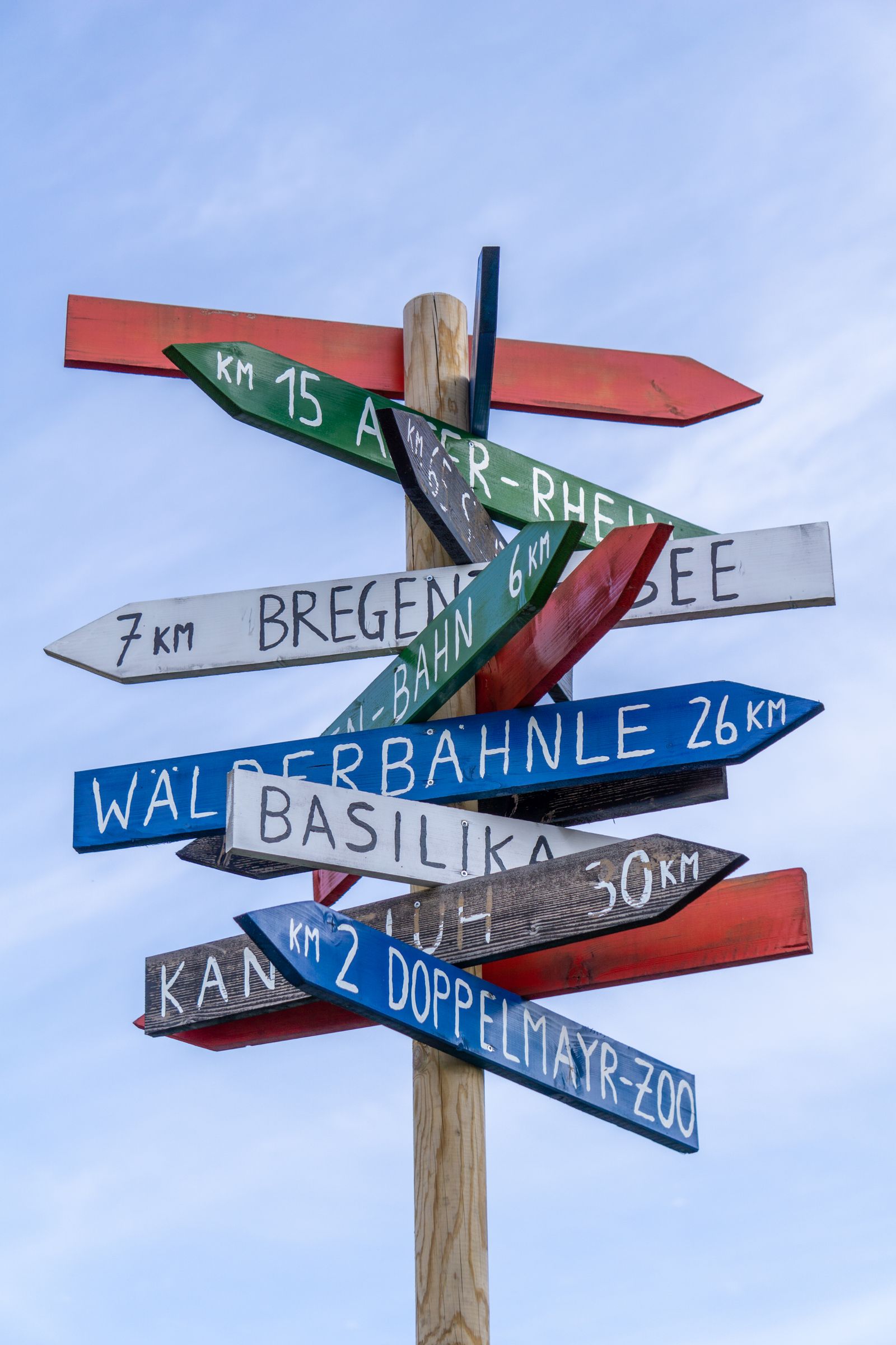 Bunter Wegweiser mit mehreren Richtungsschildern vor blauem Himmel